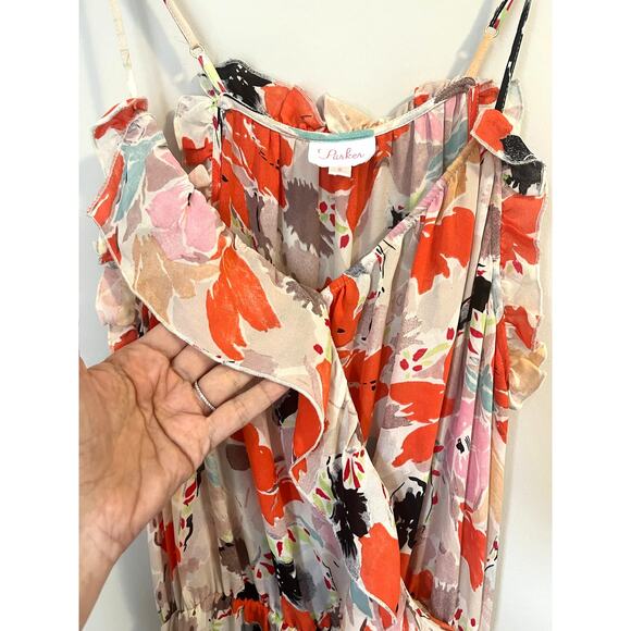 Parker Abstract Floral Silk Maxi Dress Women's sz. S Multicolor w/Ruffles - Picture 6 of 9